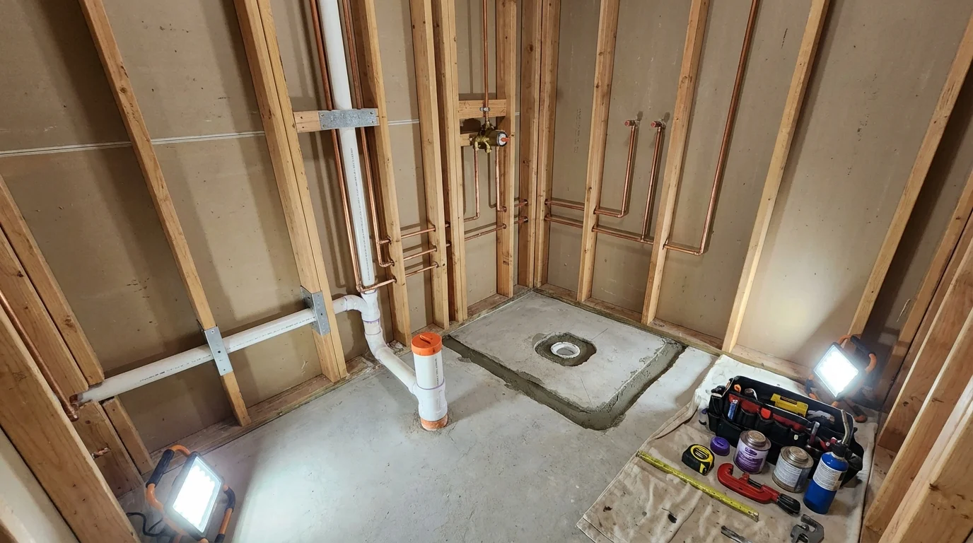 Bathroom rough-in plumbing during remodel by Johns Plumbing LLC in Wynnewood
