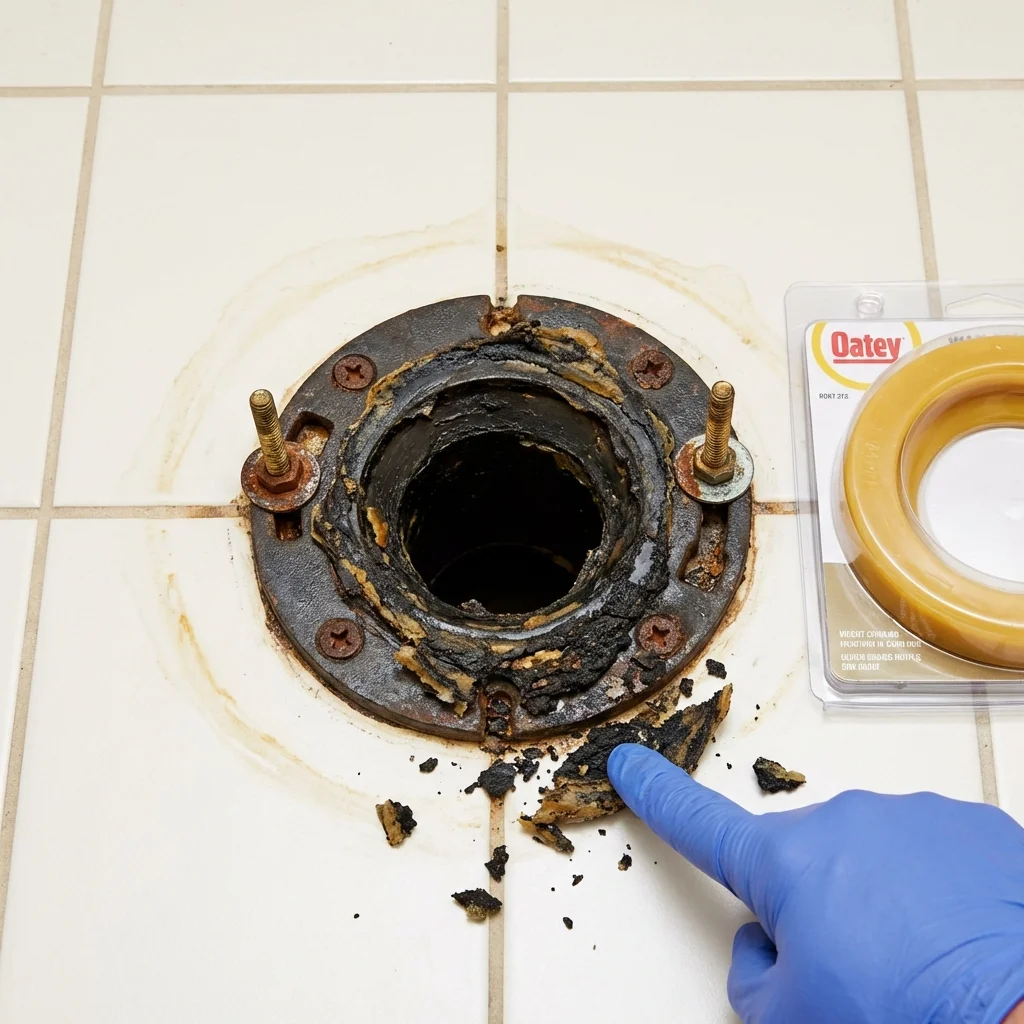 Failed wax ring showing water seepage at the base of a toilet in a Wynnewood, OK home