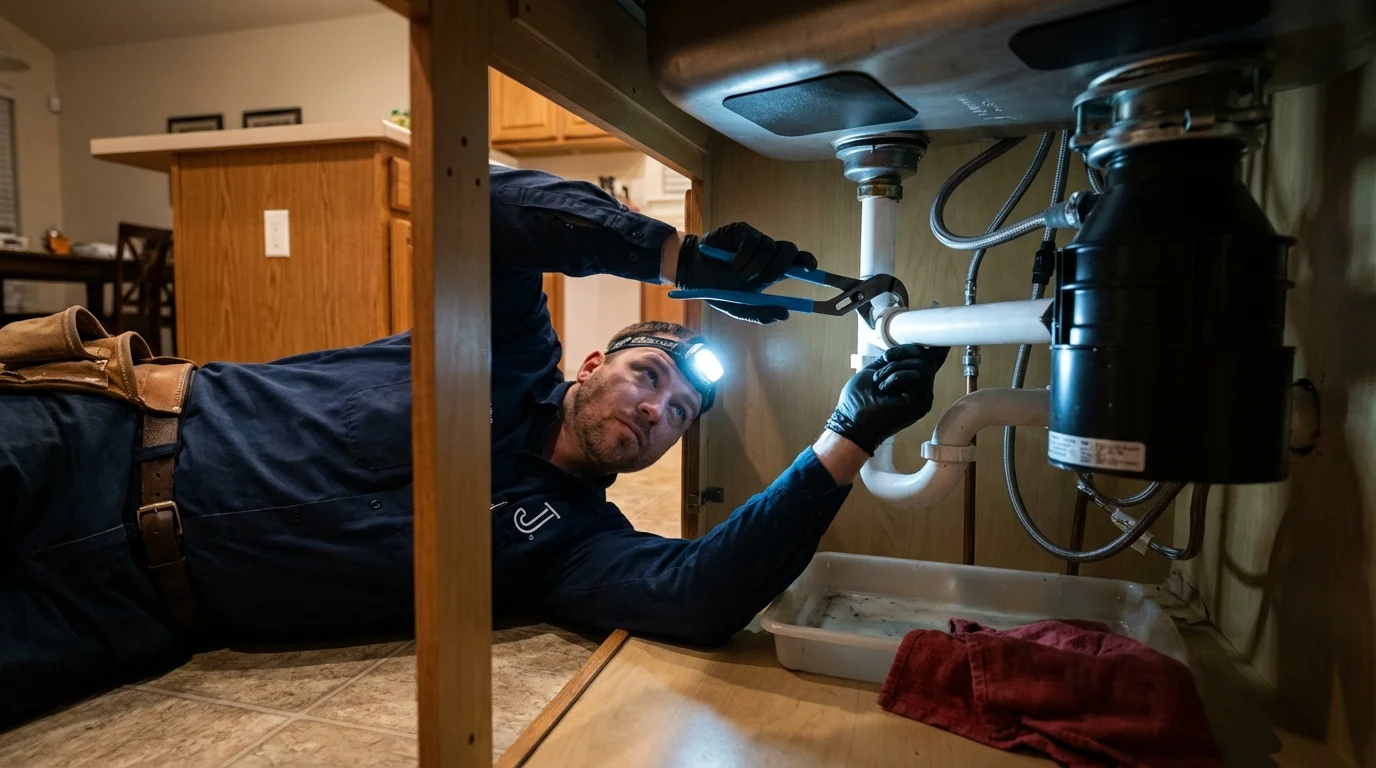 P-trap and supply line connections under a kitchen sink showing a common leak point in Wynnewood, OK